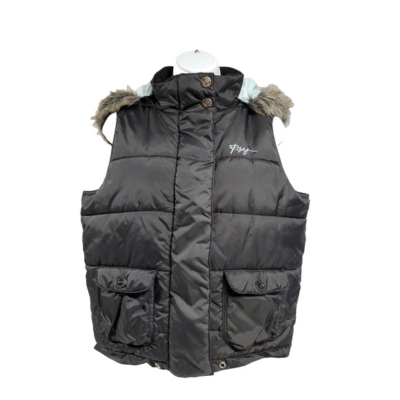 ROXY Womens Hooded PUFFER VEST Black Removable Fur Trimmed Hood Size Large - Picture 1 of 14